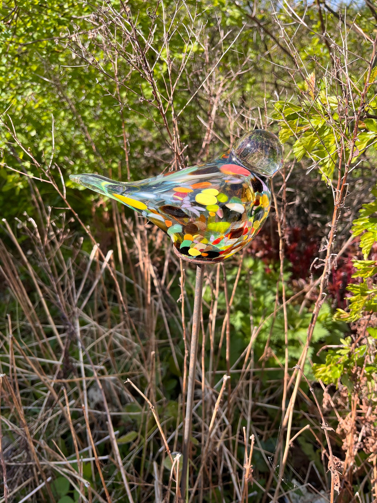 Harlekin farvet glas fugl på pind.