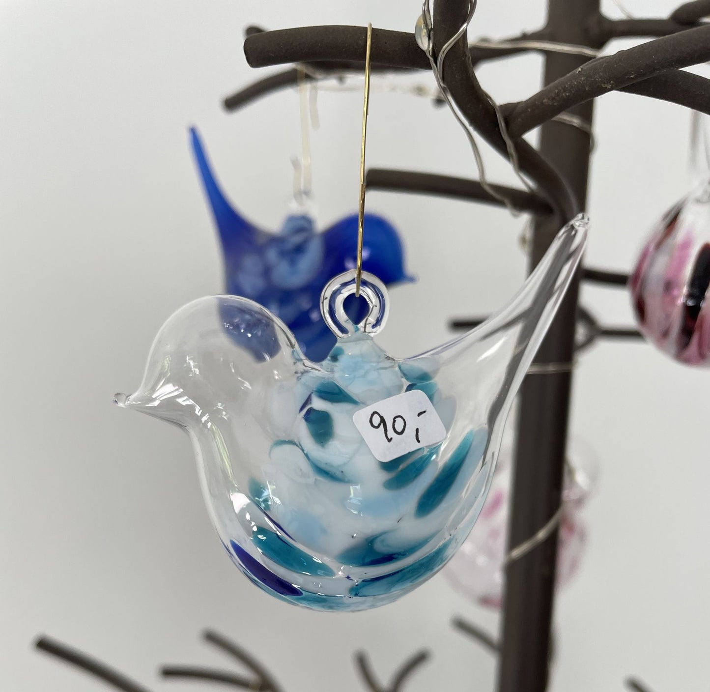 Miniature Mundblæst Lyseblå Glasfugl